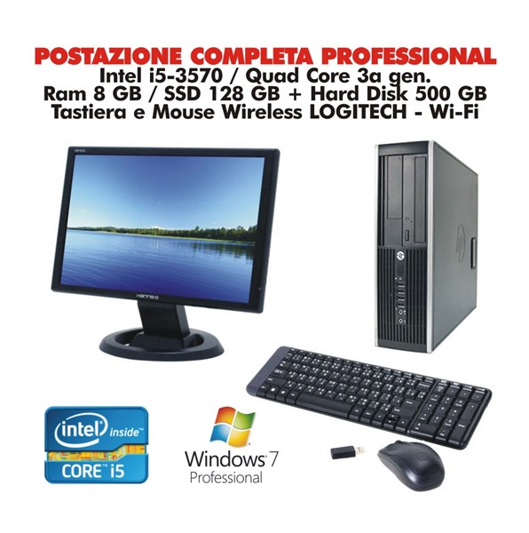 POSTAZIONE PROFESSIONALE: PC i5, 8Gb, HD 240 SSD, Mon. 22`, tastiera, mouse LOGITECH, WiFi, Win 7